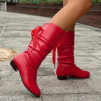 Damen Kunstleder-Schnürstiefeletten mit Blockabsatz und gerafftem Wadenschaft