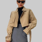 Damen Kurz-Trenchcoat mit Umlegekragen, Gürtel und lockerer Passform