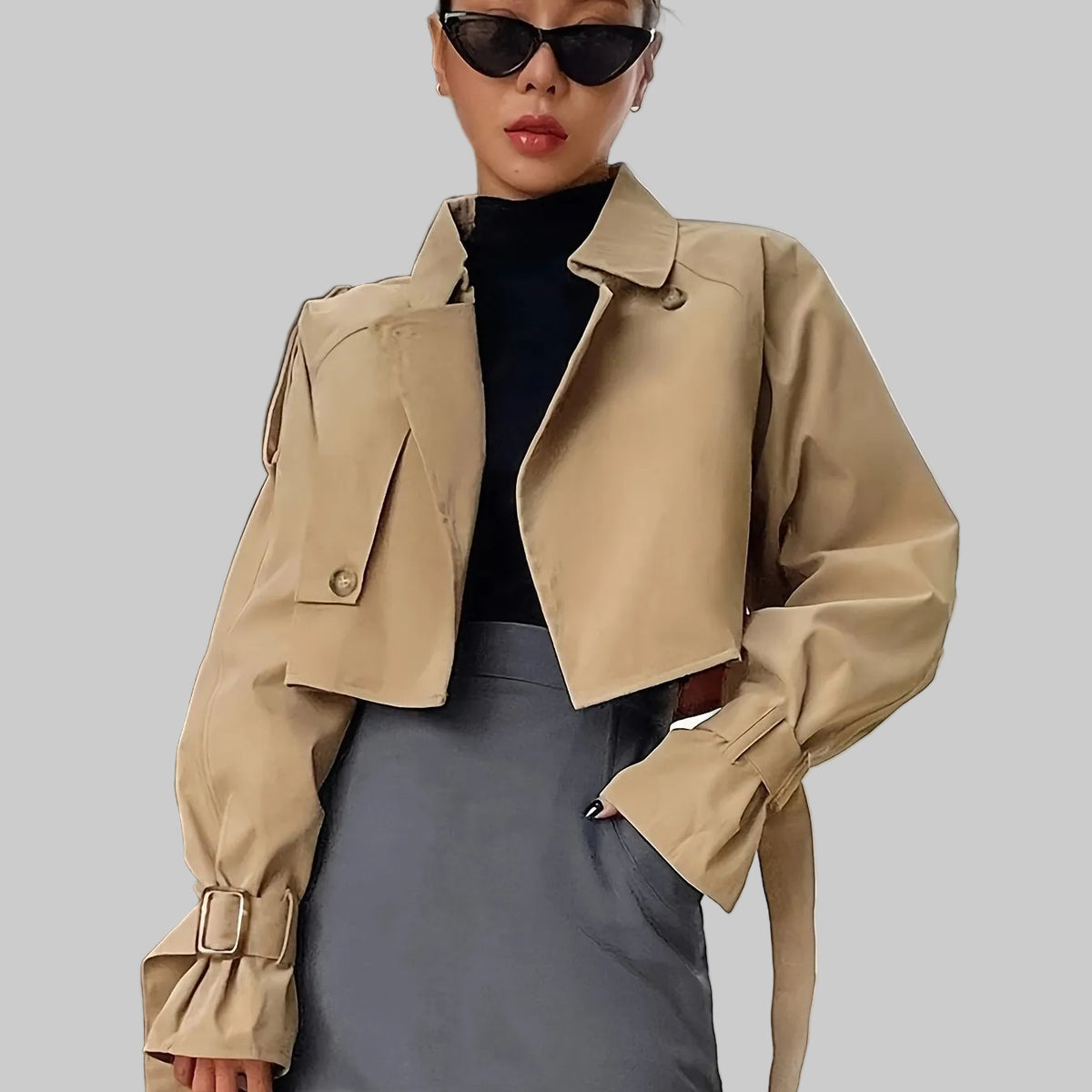 Damen Kurz-Trenchcoat mit Umlegekragen, Gürtel und lockerer Passform