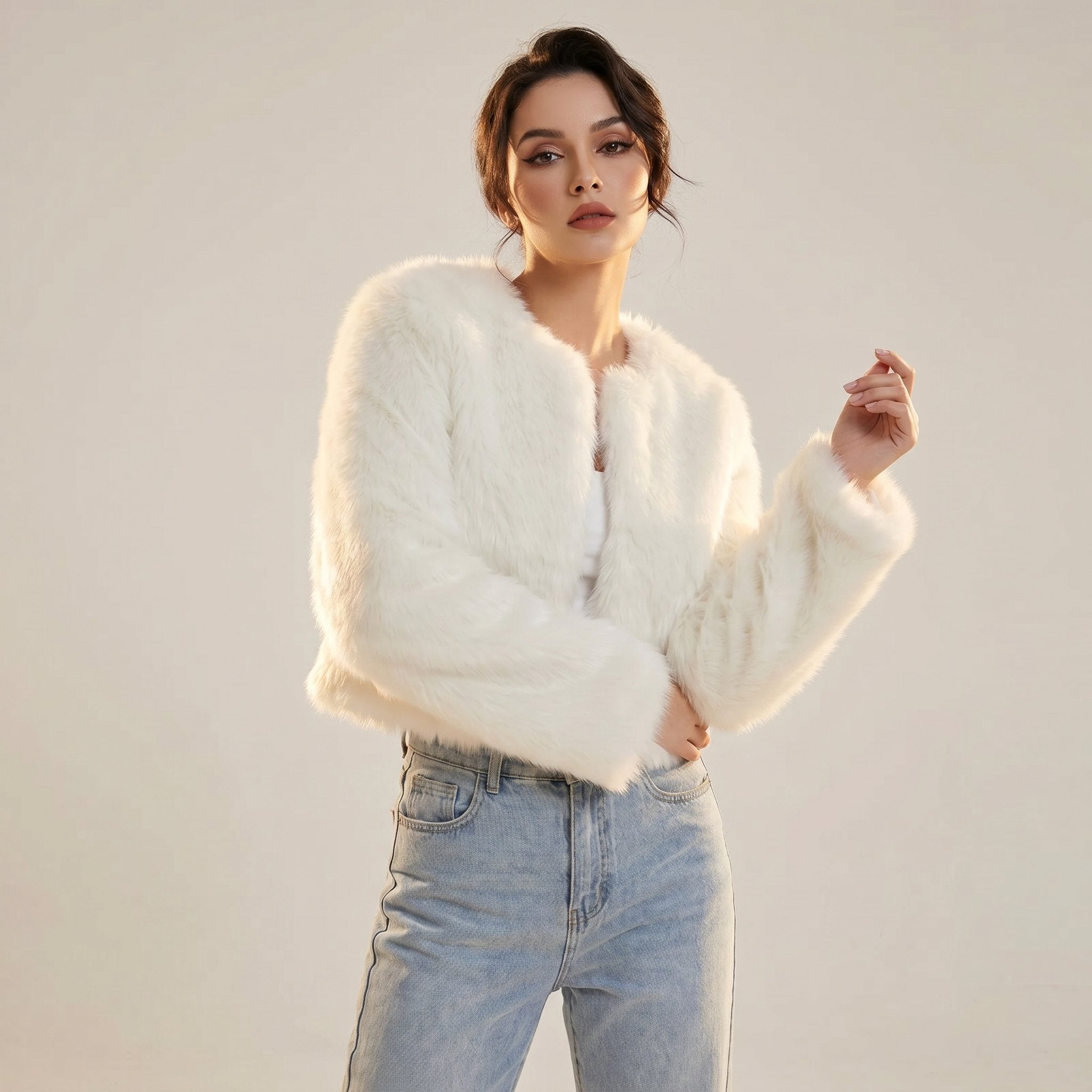 Damen Kurzjacke Kunstpelz Cardigan
