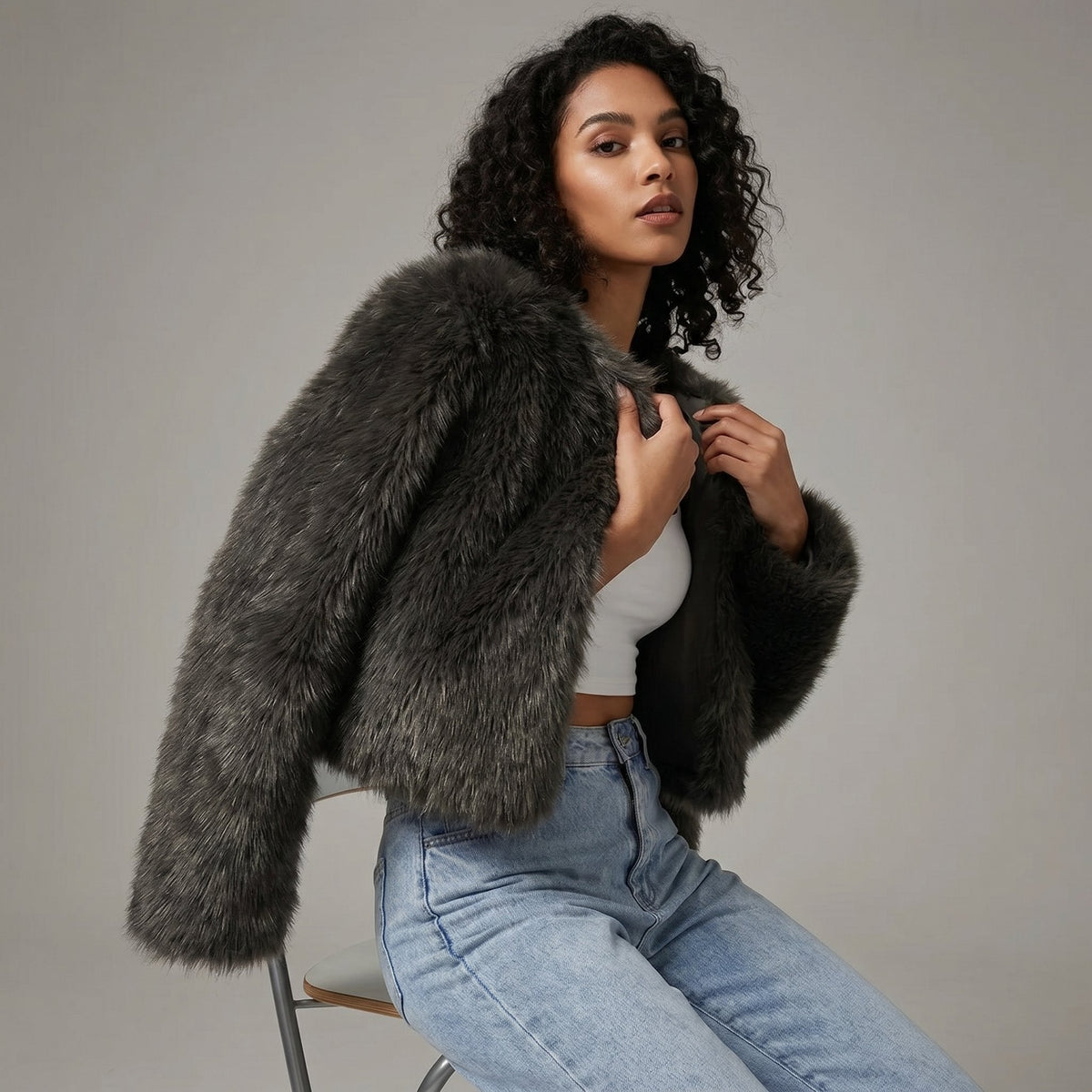 Damen Kurzjacke Kunstpelz Cardigan