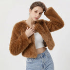 Damen Kurzjacke Kunstpelz Cardigan
