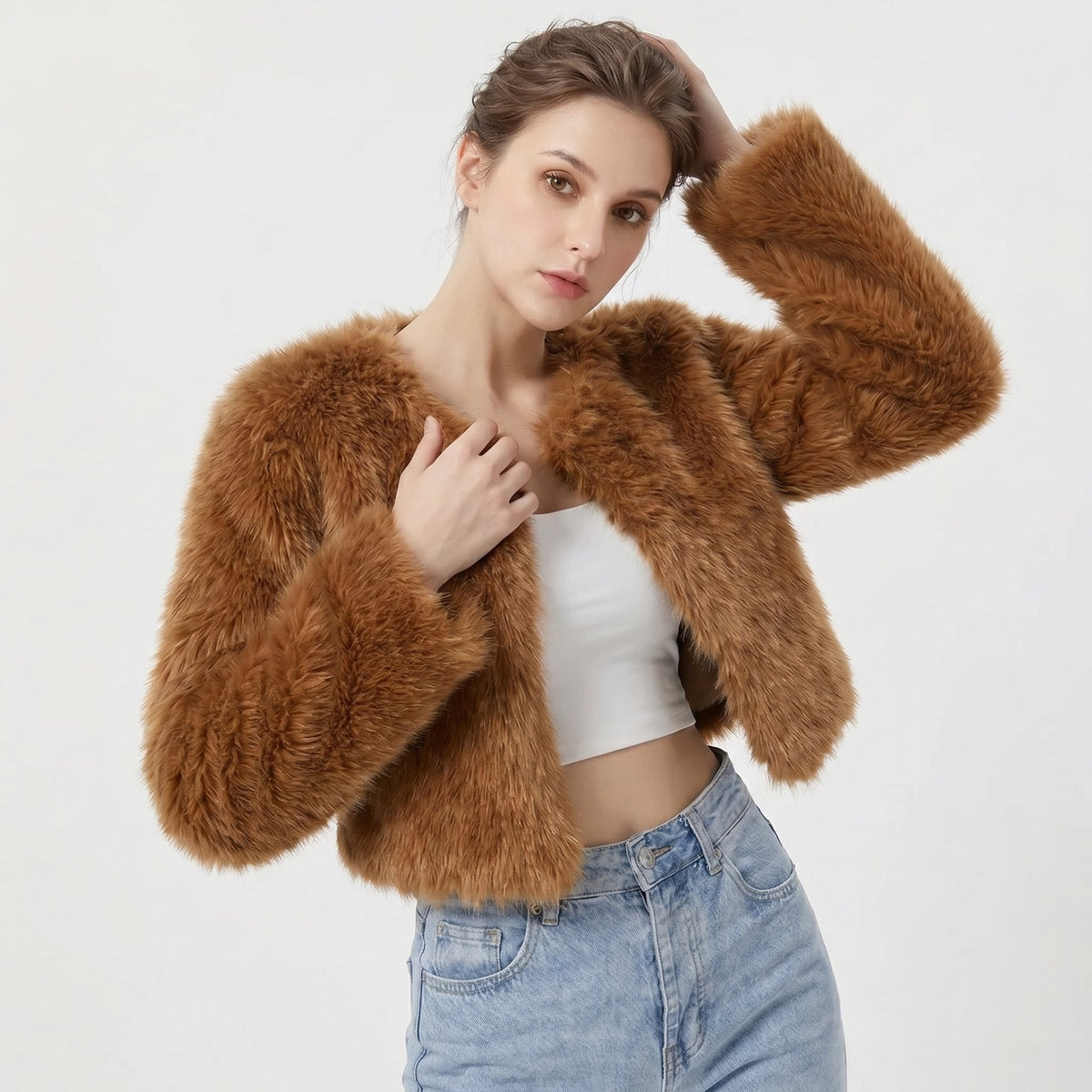 Damen Kurzjacke Kunstpelz Cardigan