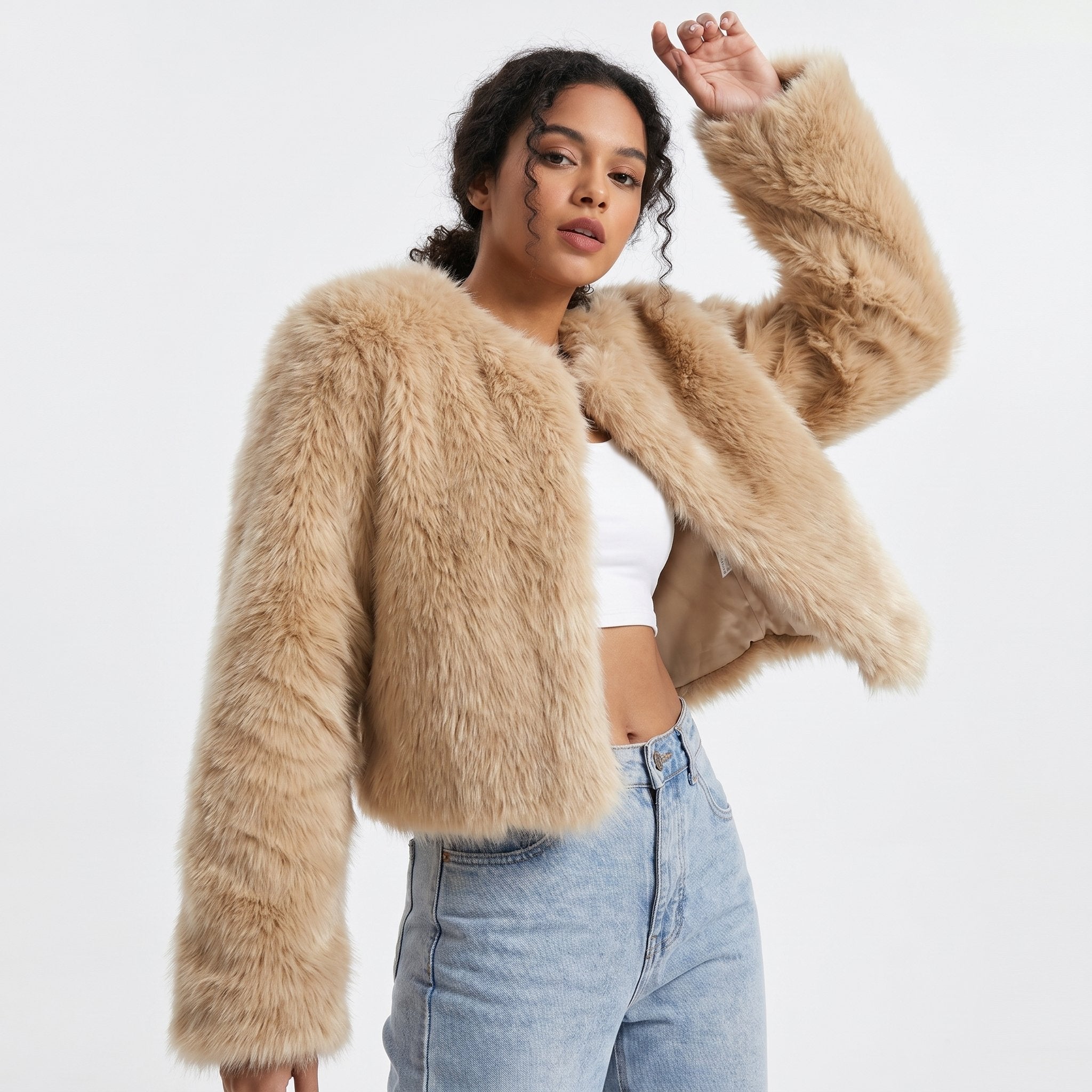 Damen Kurzjacke Kunstpelz Cardigan