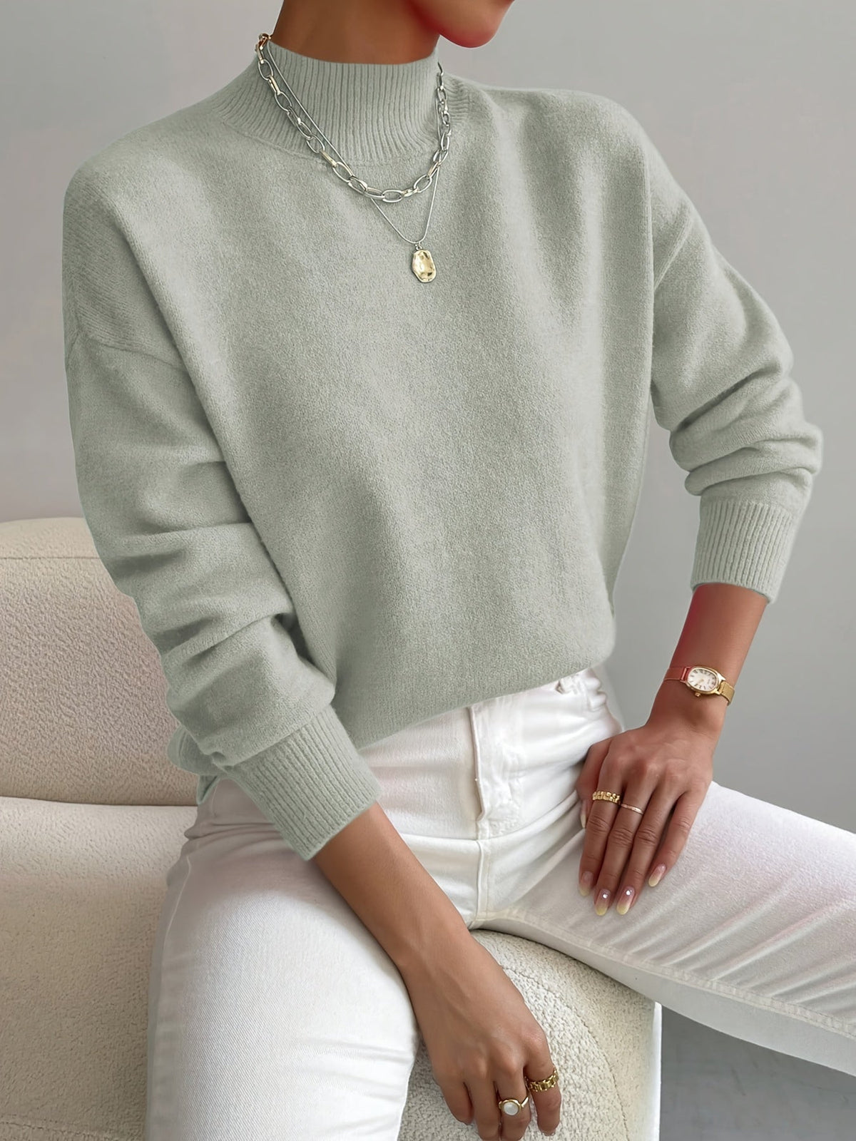 Damen Langarm-Strickpullover mit Rundhalsausschnitt