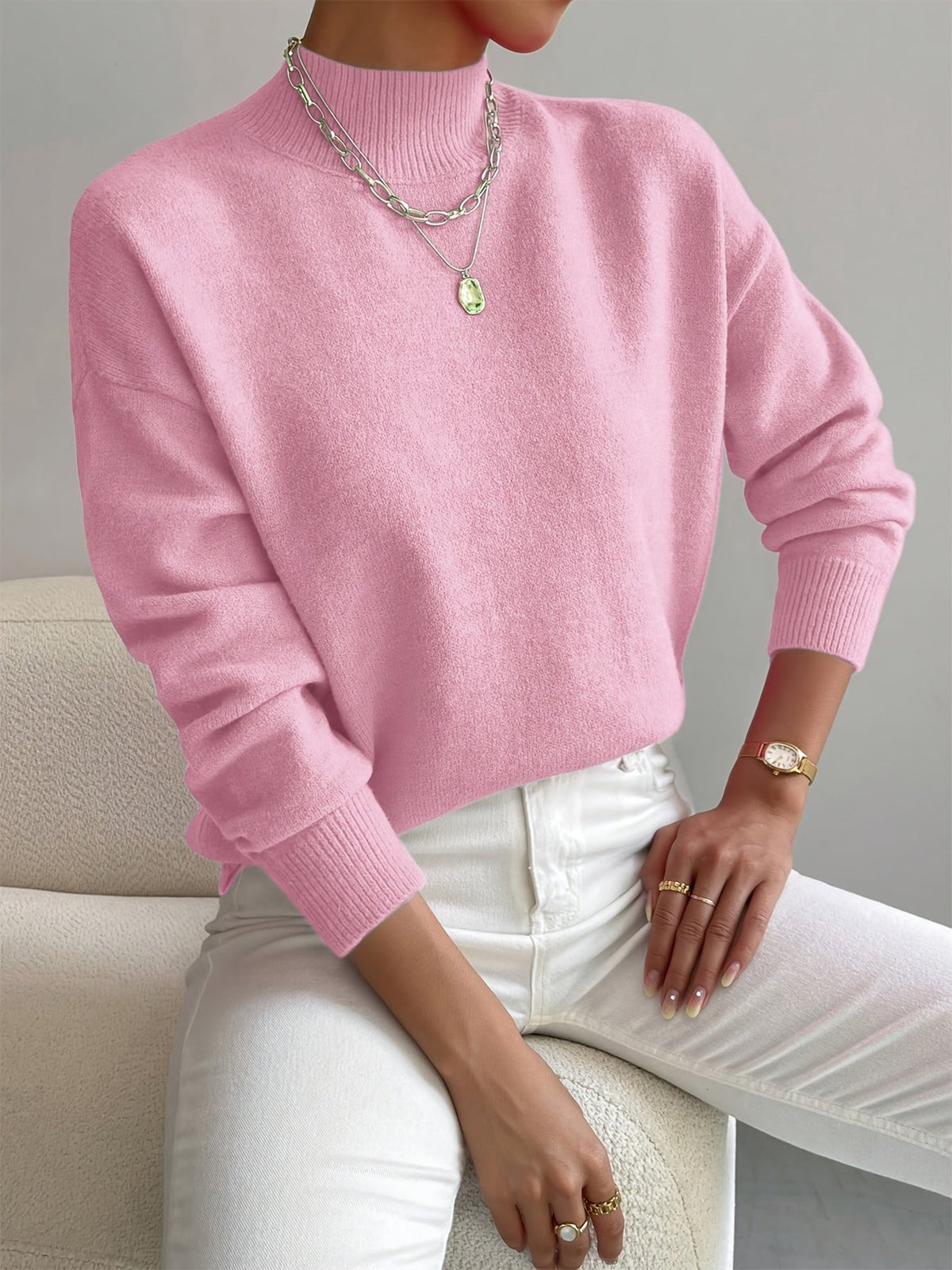 Damen Langarm-Strickpullover mit Rundhalsausschnitt
