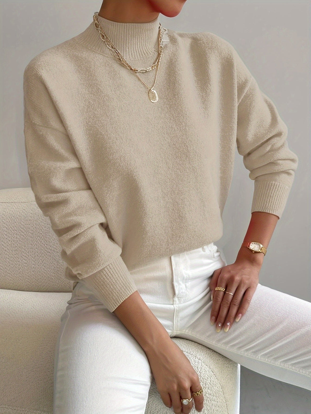 Damen Langarm-Strickpullover mit Rundhalsausschnitt