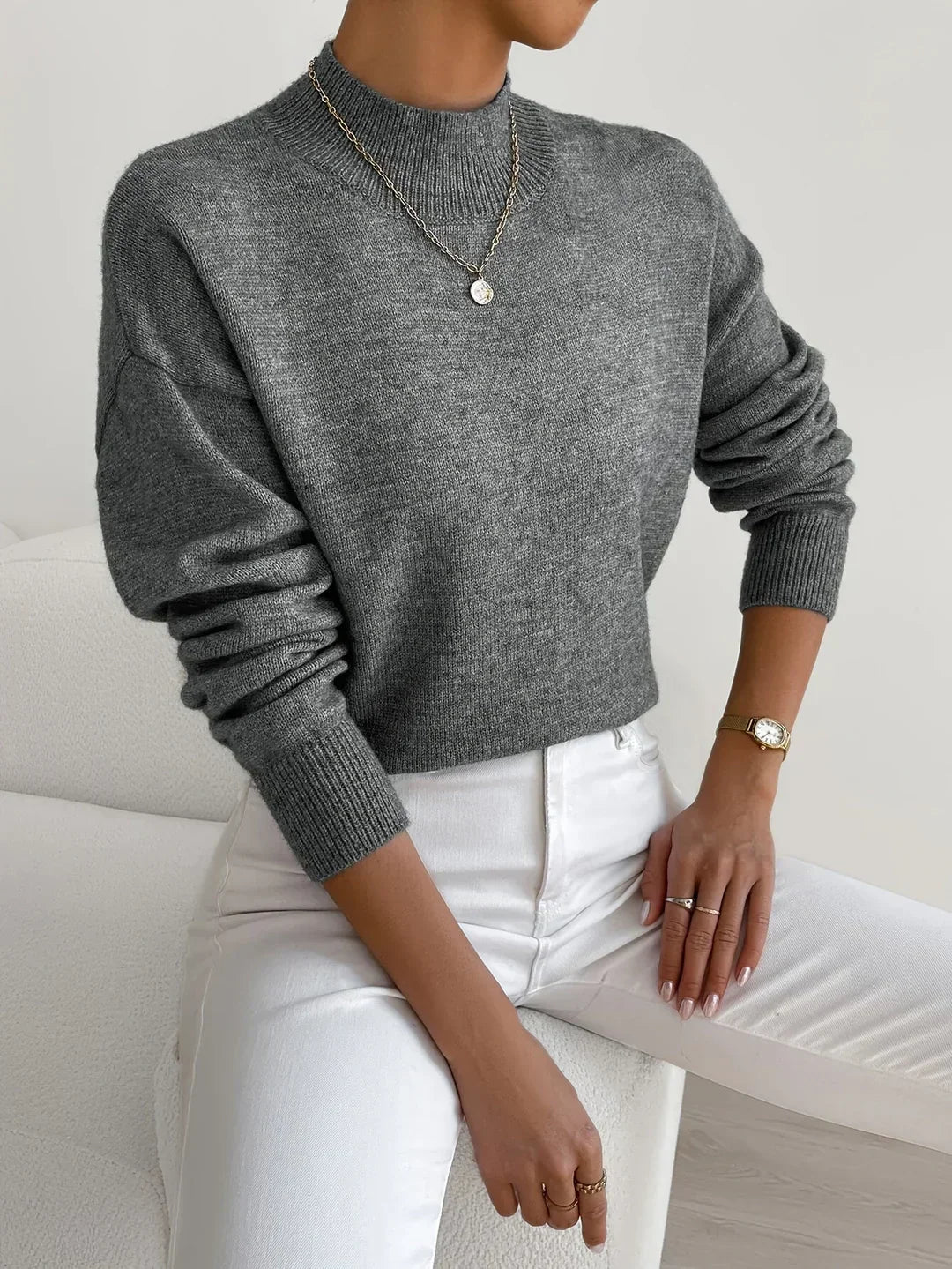 Damen Langarm-Strickpullover mit Rundhalsausschnitt