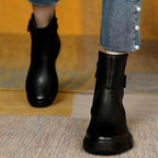 Damen Leder-Stiefeletten mit Schnalle – Flache Ankle Boots mit gepolsterter Plateausohle, Herbst Winter