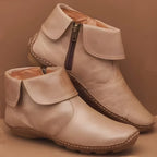 Damen Wasserdichte Leder-Stiefeletten mit Komfortfußbett – Flache Ankle Boots, Herbst Winter