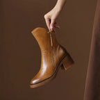 Damen Leder Ankle Boots mit spitzer Zehenpartie, Reißverschluss und Blockabsatz