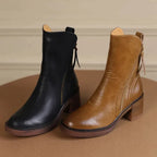 Damen Leder Ankle Boots mit spitzer Zehenpartie, Reißverschluss und Blockabsatz