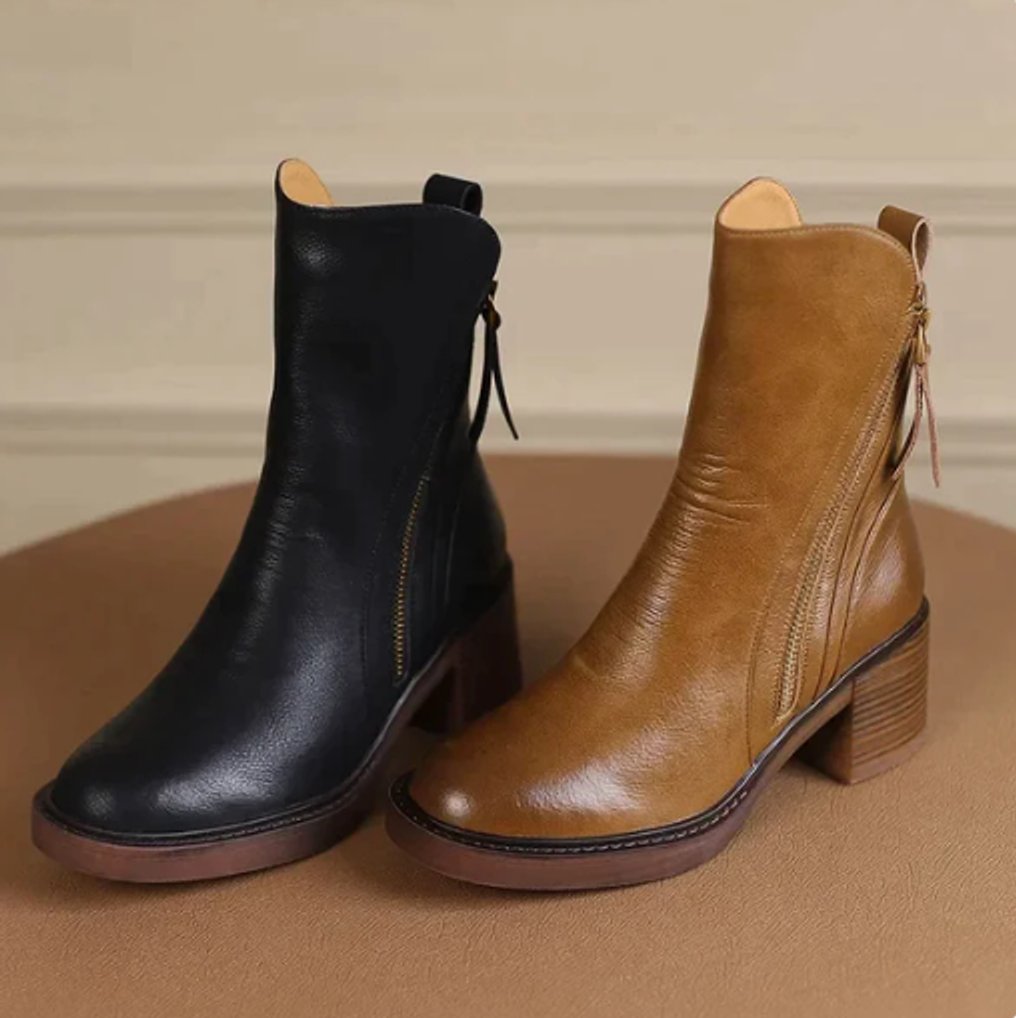 Damen Leder Ankle Boots mit spitzer Zehenpartie, Reißverschluss und Blockabsatz