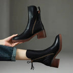 Damen Leder Ankle Boots mit spitzer Zehenpartie, Reißverschluss und Blockabsatz