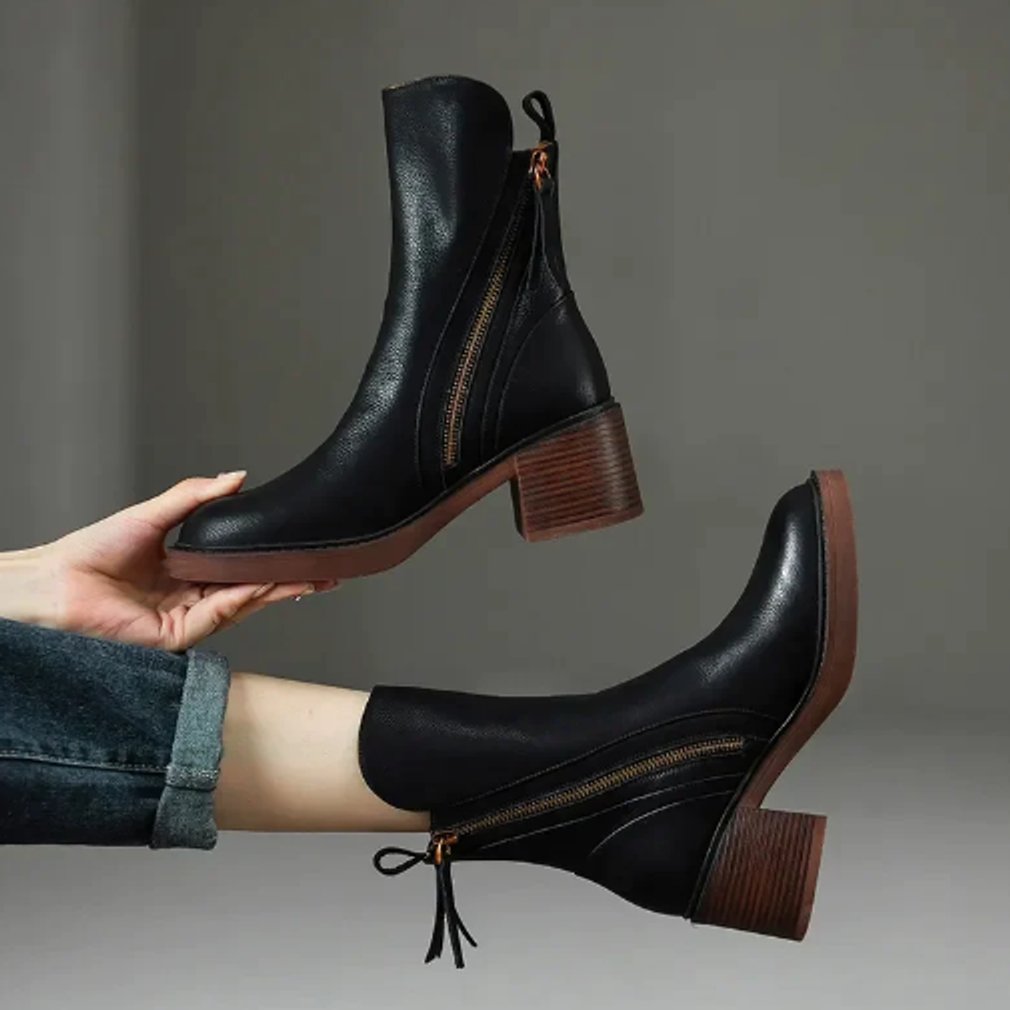 Damen Leder Ankle Boots mit spitzer Zehenpartie, Reißverschluss und Blockabsatz