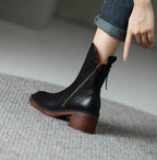 Damen Leder Ankle Boots mit spitzer Zehenpartie, Reißverschluss und Blockabsatz