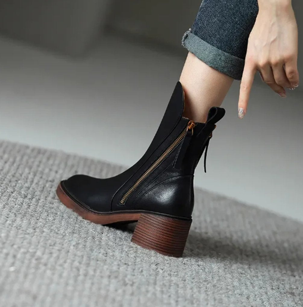 Damen Leder Ankle Boots mit spitzer Zehenpartie, Reißverschluss und Blockabsatz