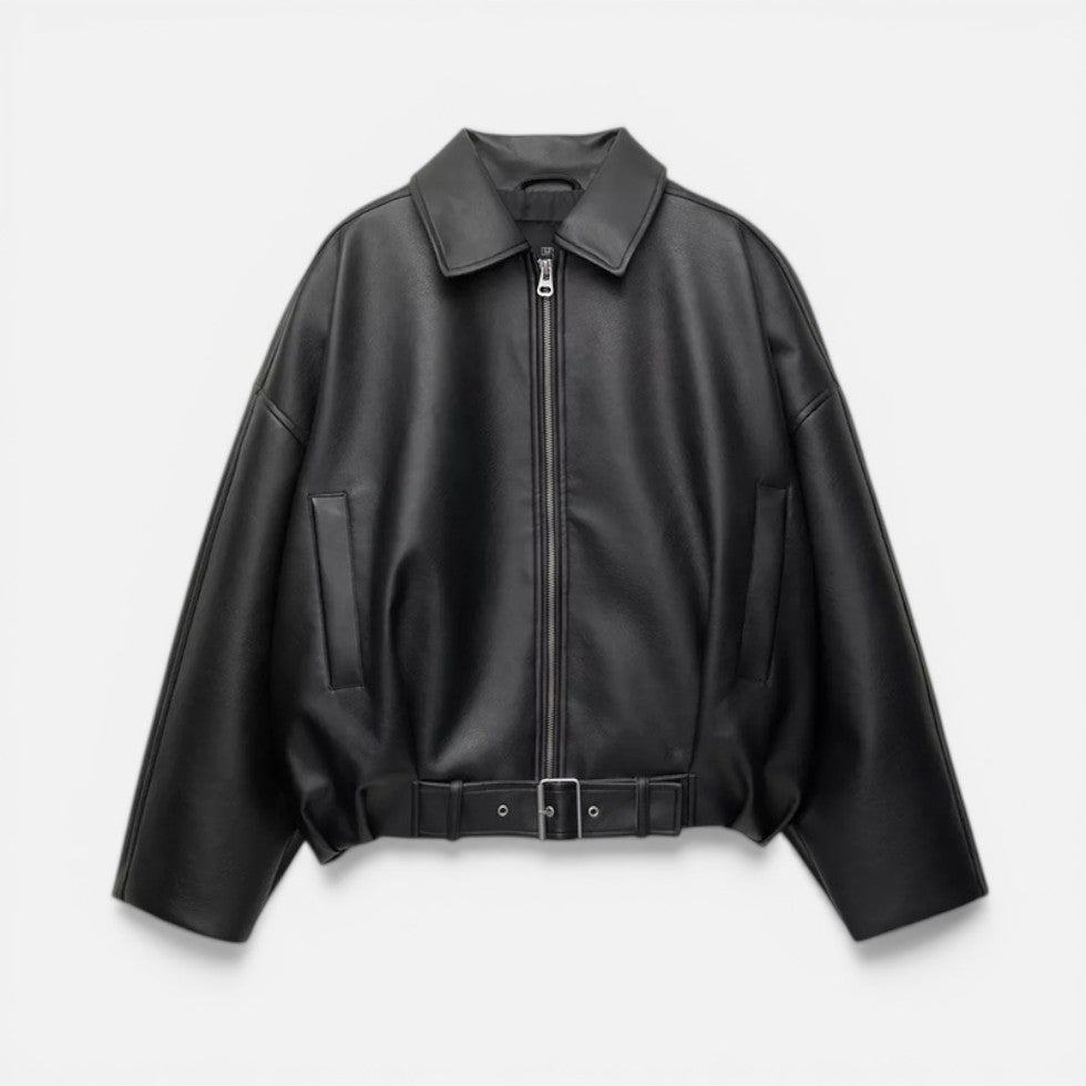 Damen Lederjacke mit kurzem Schnitt und Frontreißverschluss