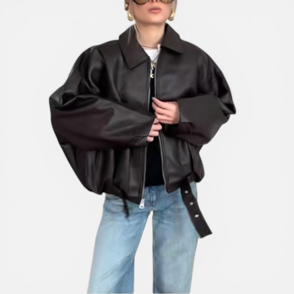 Damen Lederjacke mit kurzem Schnitt und Frontreißverschluss