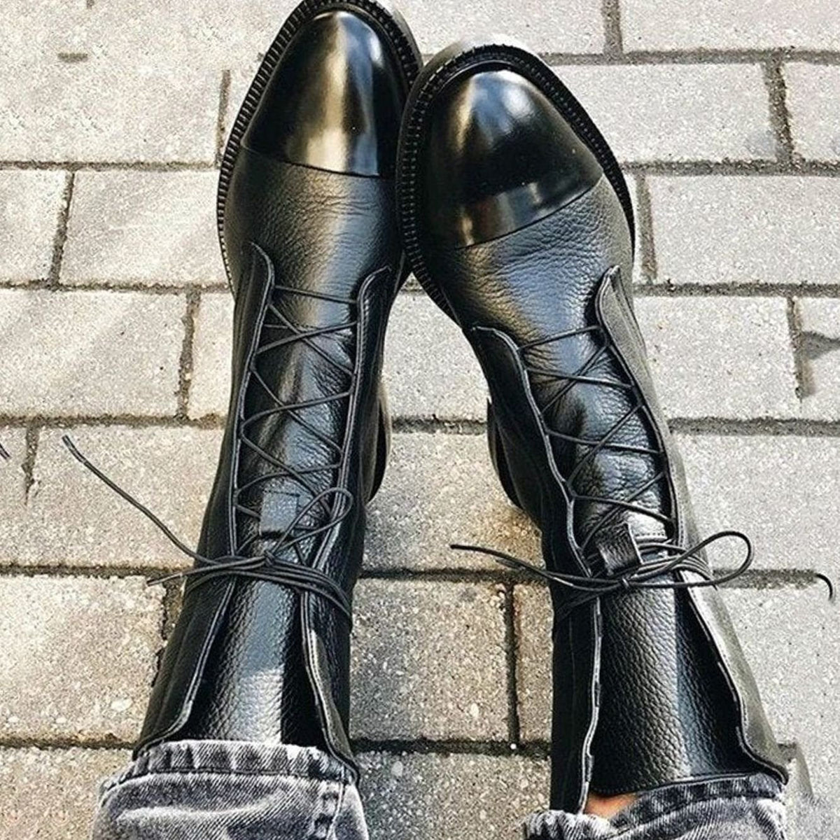 Damen Schnürstiefeletten Schwarz aus Leder – Vintage Ankle Boots mit Zehenkappe, Herbst Winter