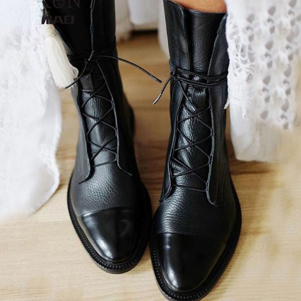 Damen Schnürstiefeletten Schwarz aus Leder – Vintage Ankle Boots mit Zehenkappe, Herbst Winter