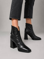 Damen Ankle Boots mit eckiger Zehenpartie und Blockabsatz – Kunstleder Stiefeletten, Herbst Winter