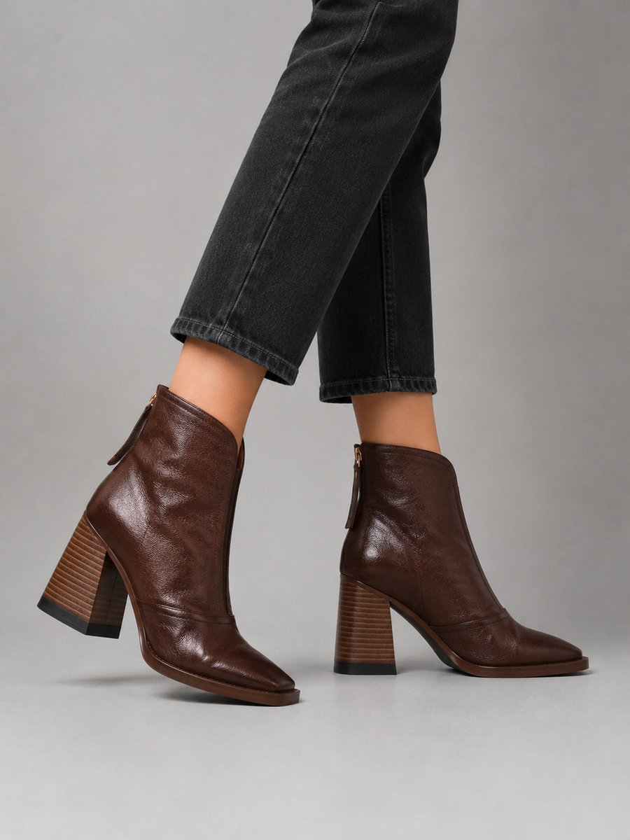 Damen Ankle Boots mit eckiger Zehenpartie und Blockabsatz – Kunstleder Stiefeletten, Herbst Winter