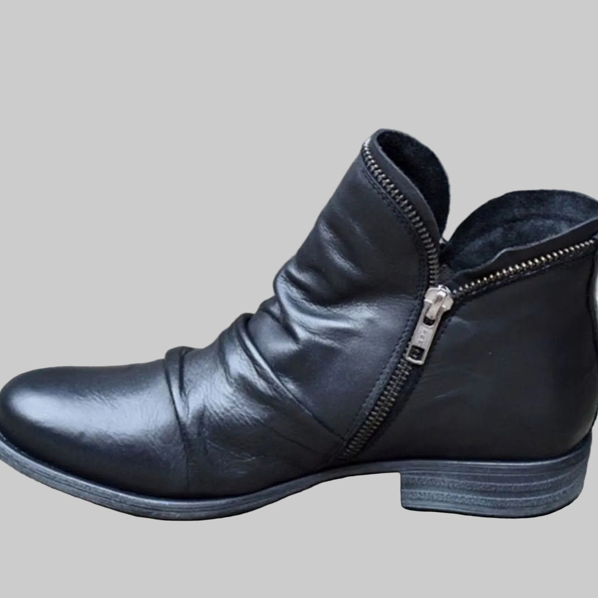 Damen Slouchy Ankle Boots aus Leder – Gerüschte Stiefeletten mit Reißverschluss, Herbst Winter