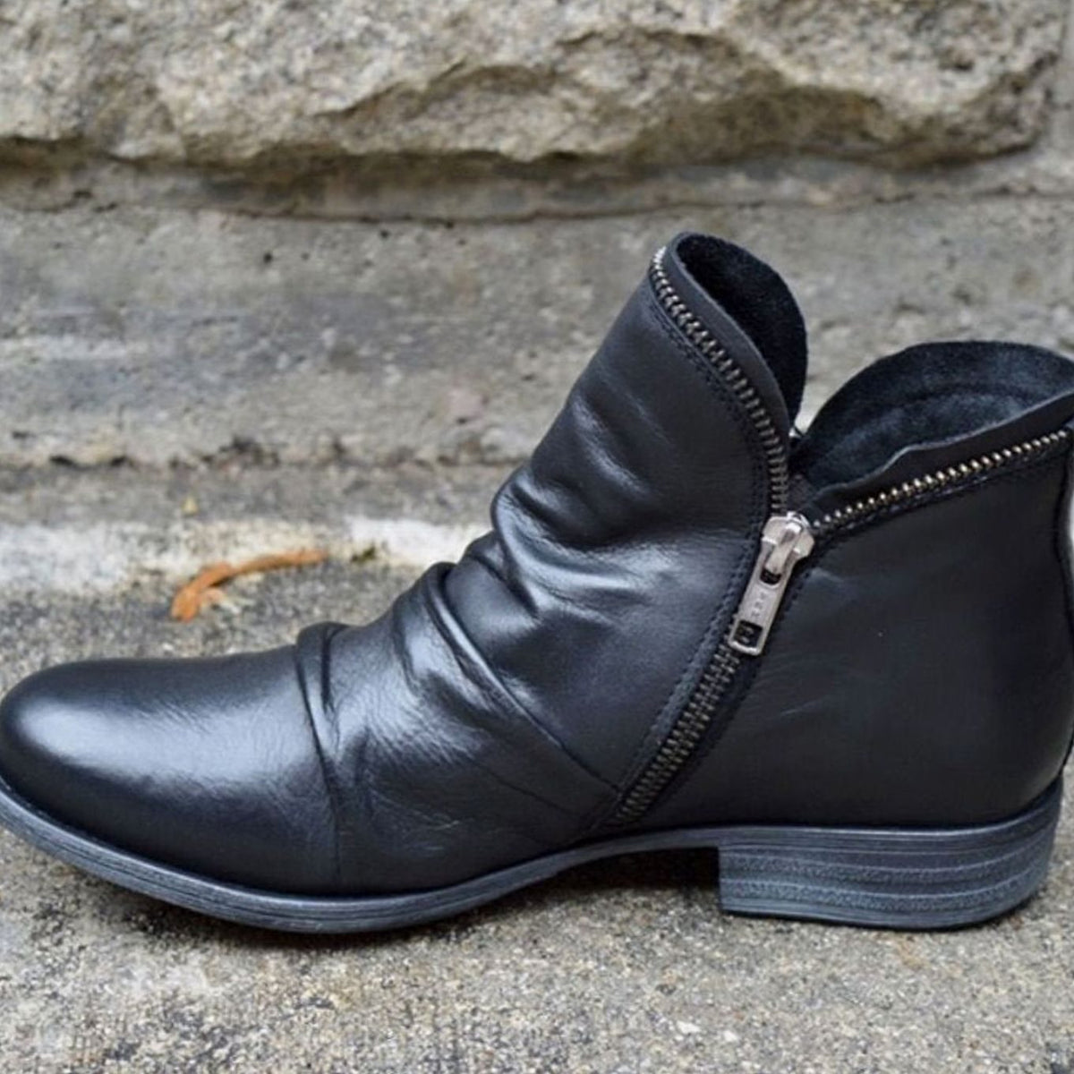 Damen Slouchy Ankle Boots aus Leder – Gerüschte Stiefeletten mit Reißverschluss, Herbst Winter