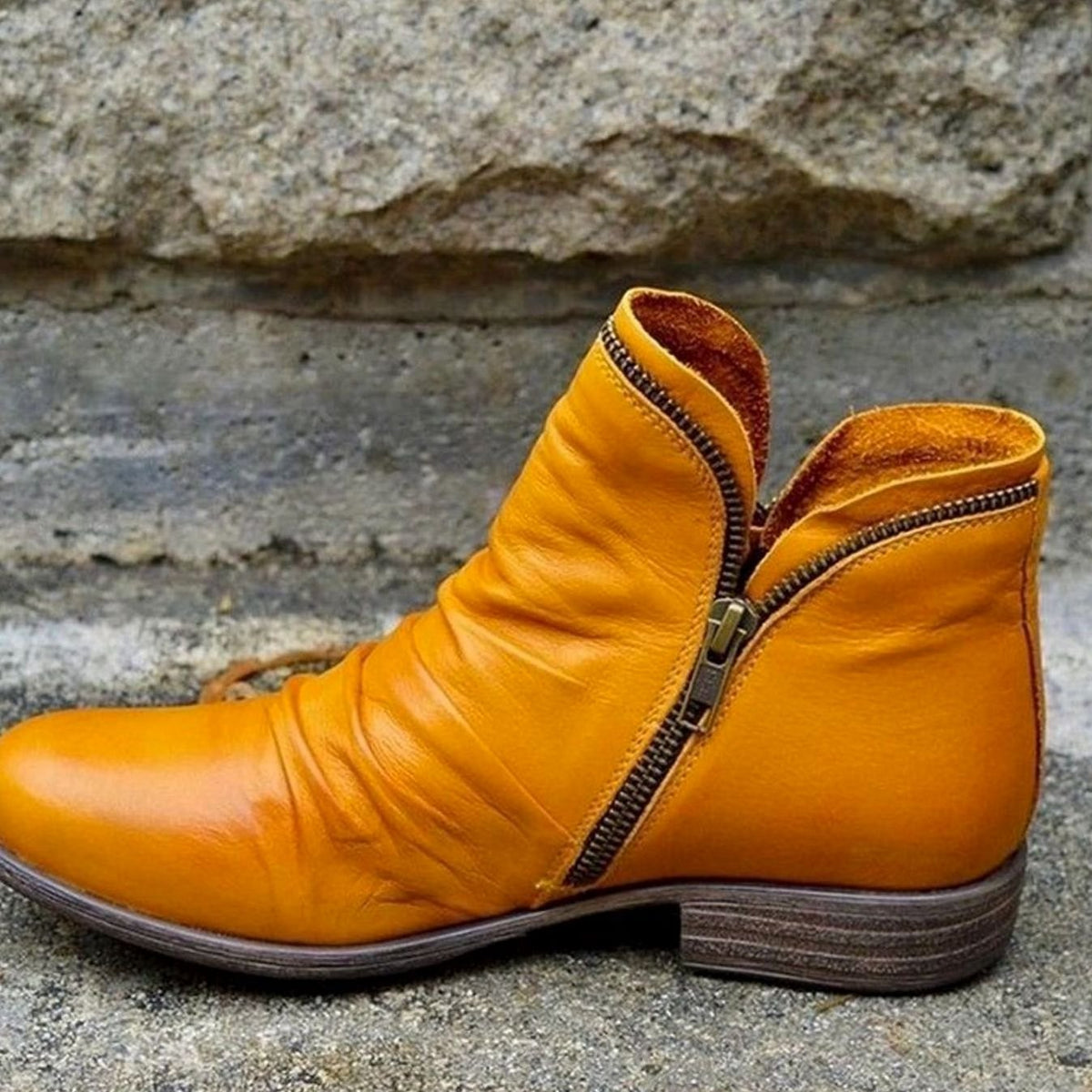 Damen Slouchy Ankle Boots aus Leder – Gerüschte Stiefeletten mit Reißverschluss, Herbst Winter