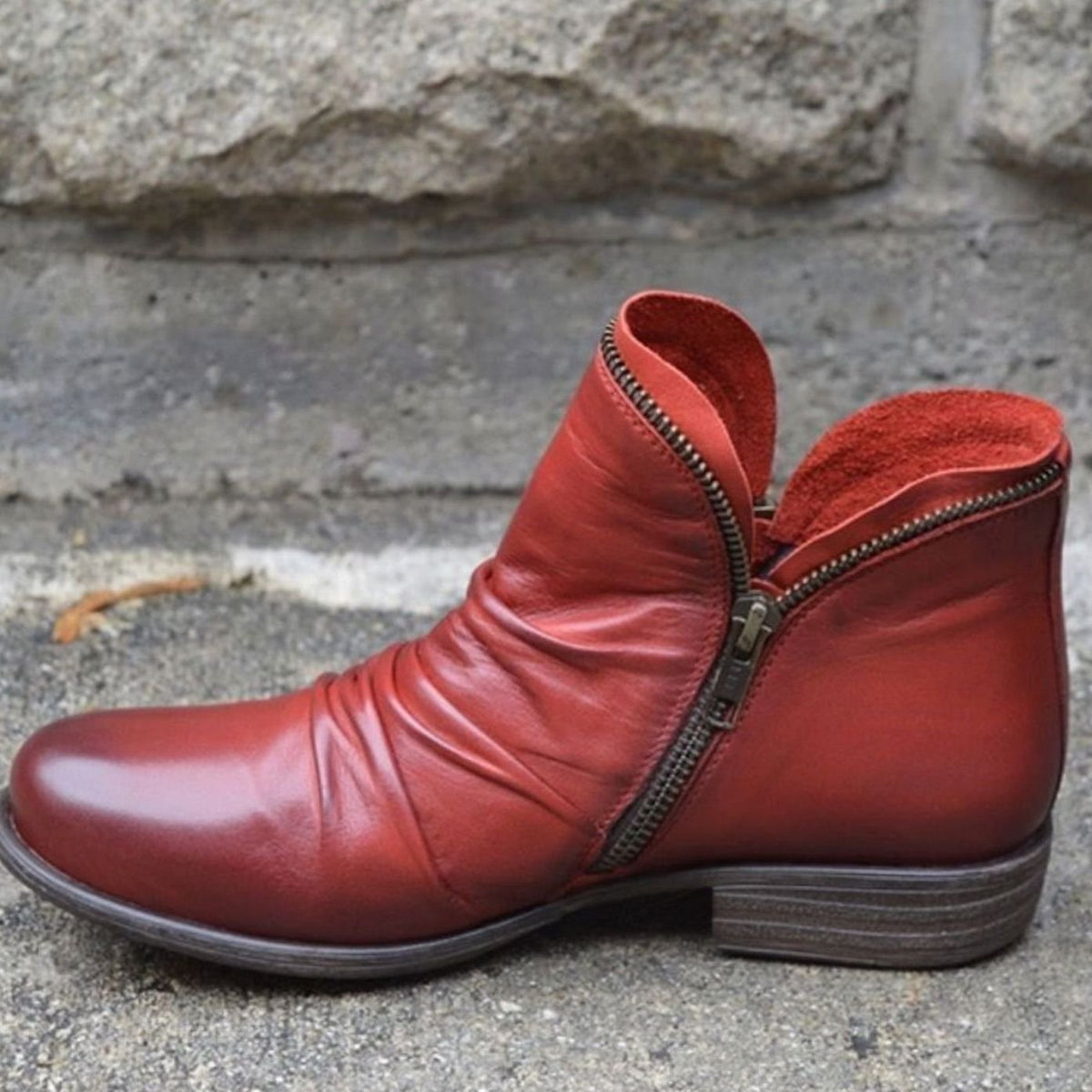 Damen Slouchy Ankle Boots aus Leder – Gerüschte Stiefeletten mit Reißverschluss, Herbst Winter