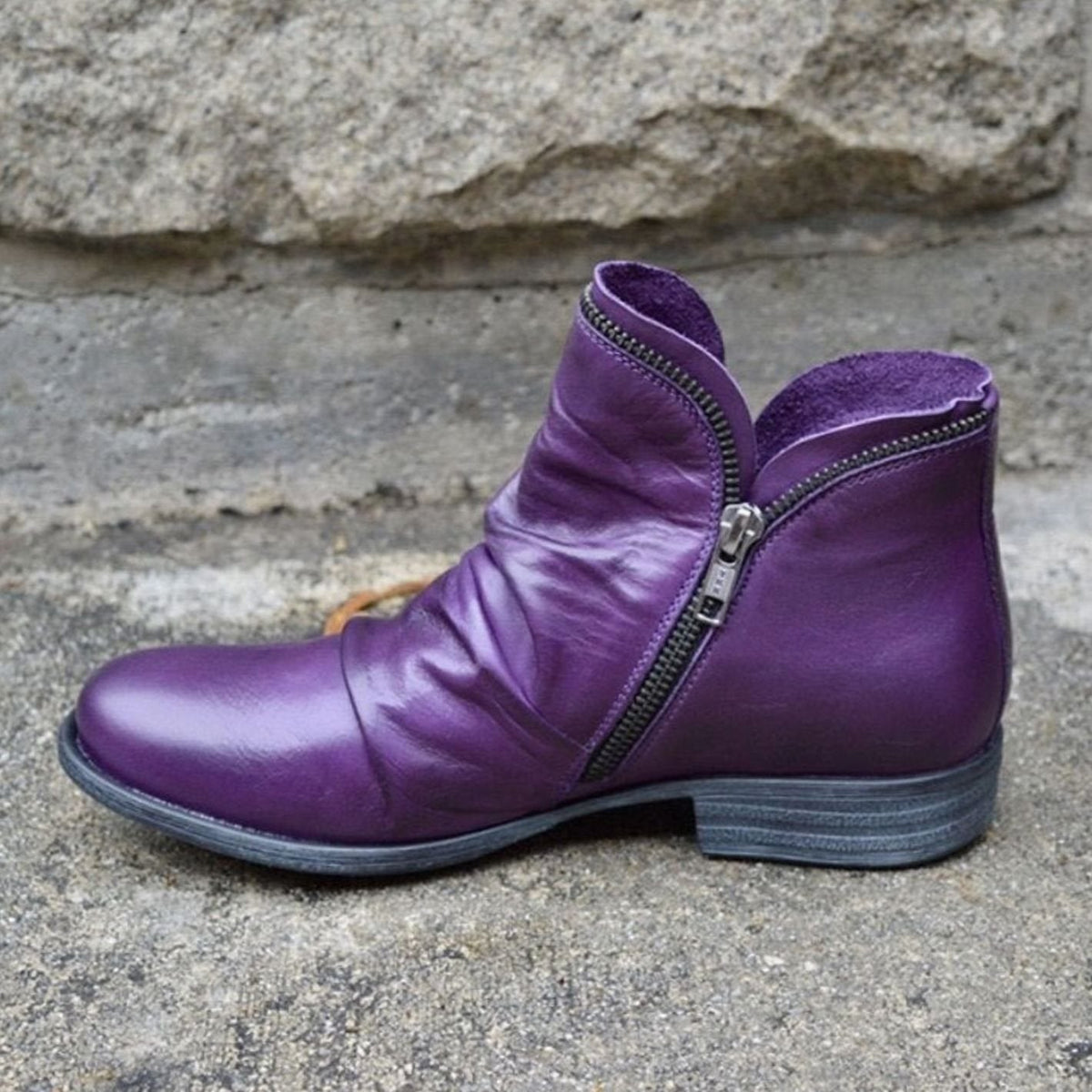 Damen Slouchy Ankle Boots aus Leder – Gerüschte Stiefeletten mit Reißverschluss, Herbst Winter