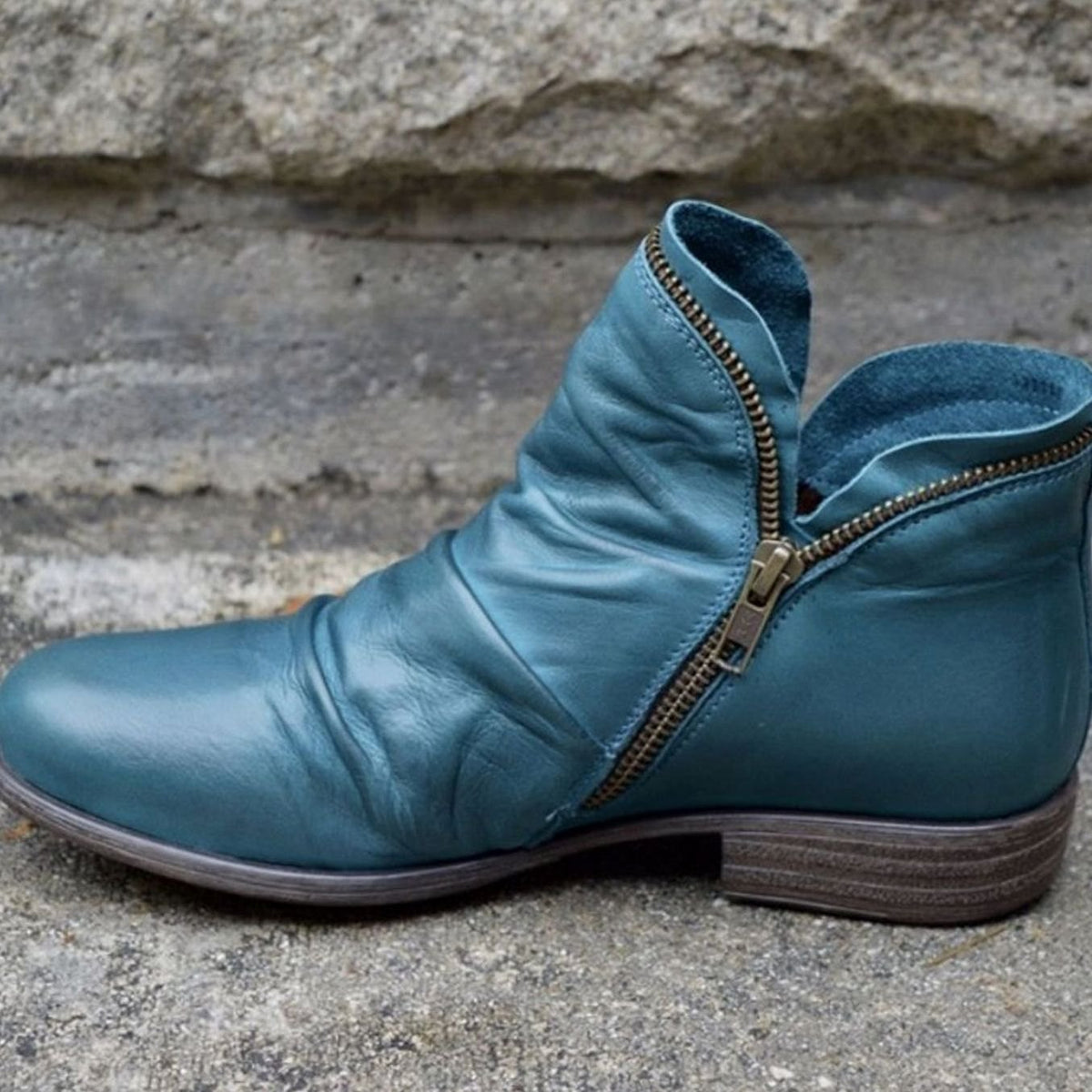 Damen Slouchy Ankle Boots aus Leder – Gerüschte Stiefeletten mit Reißverschluss, Herbst Winter