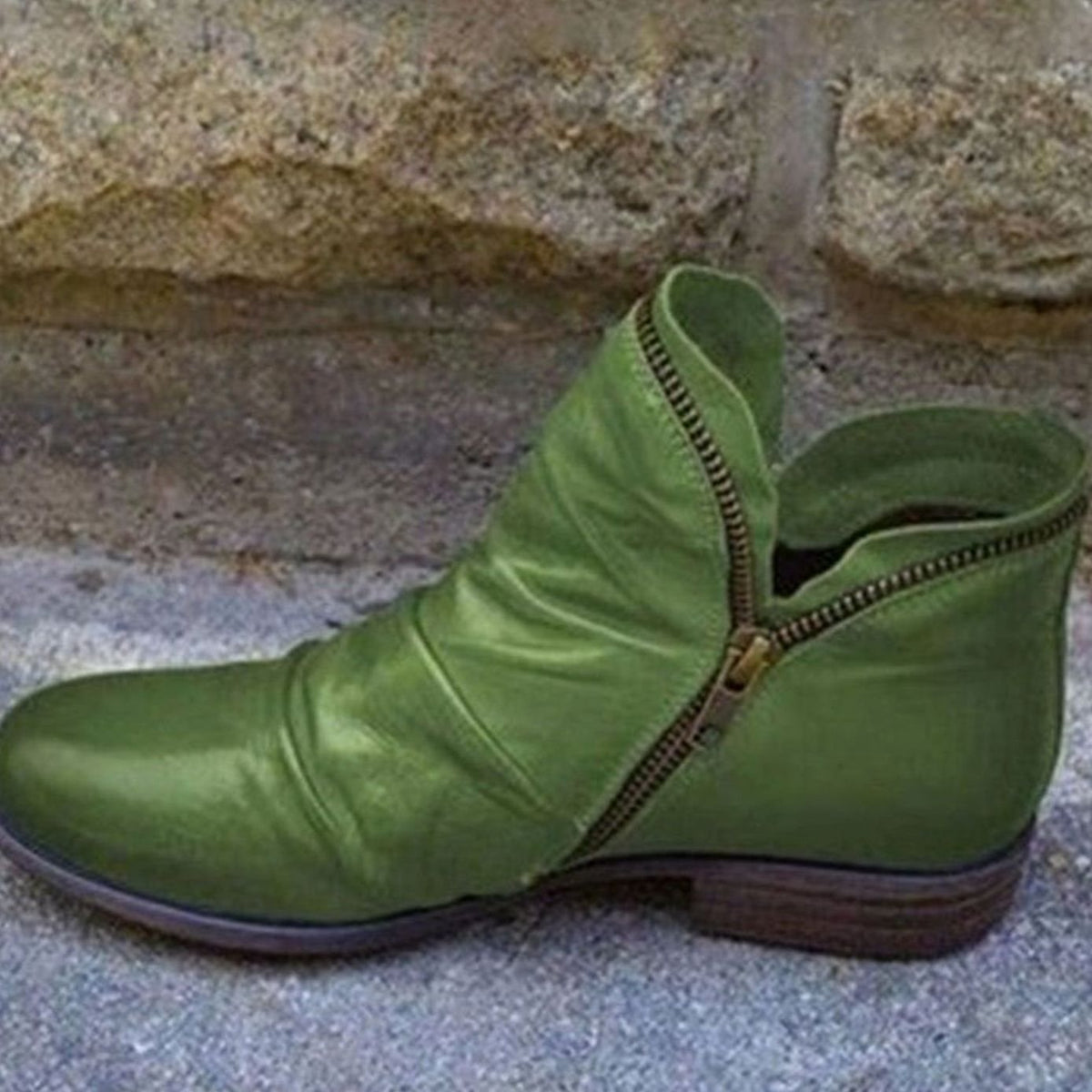 Damen Slouchy Ankle Boots aus Leder – Gerüschte Stiefeletten mit Reißverschluss, Herbst Winter