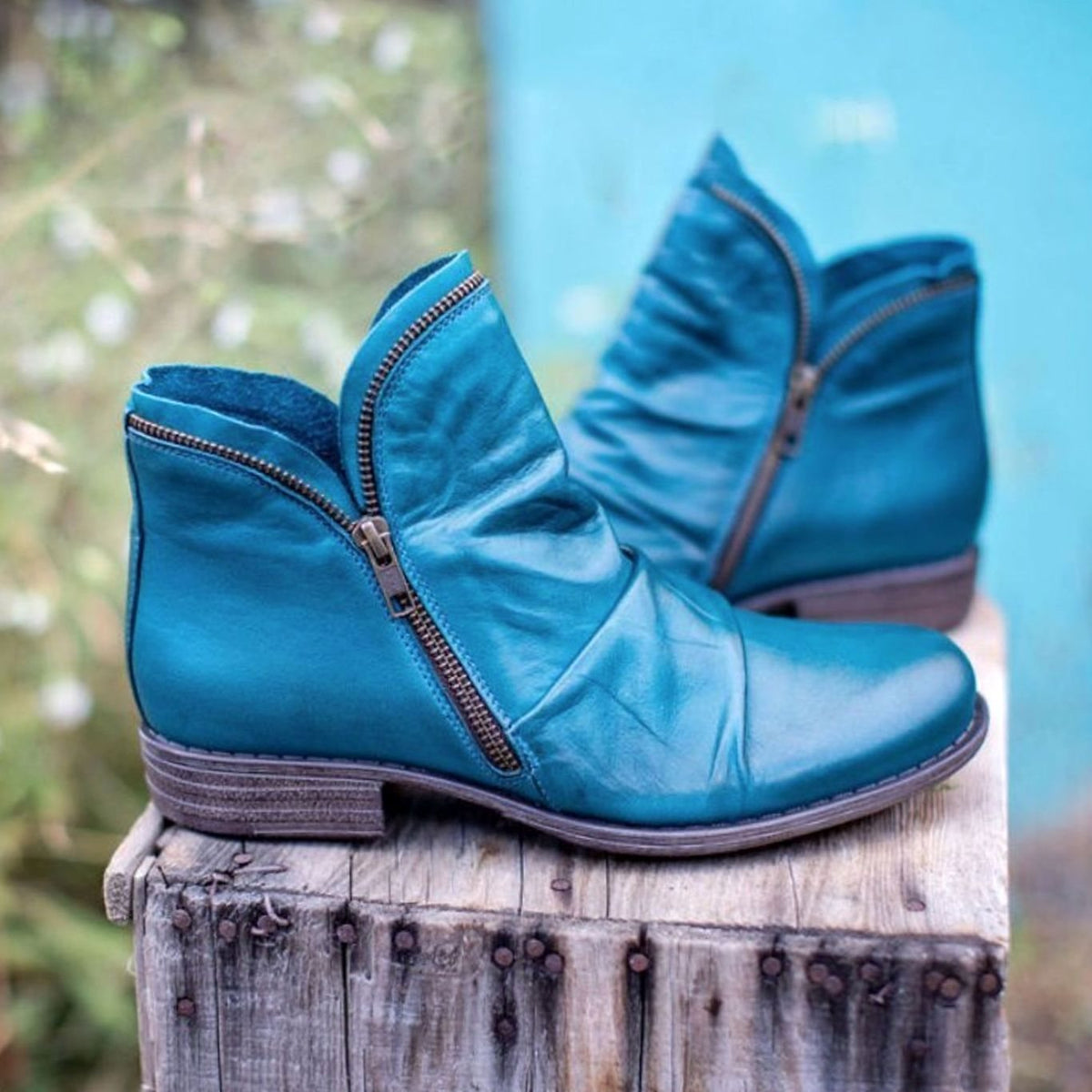 Damen Slouchy Ankle Boots aus Leder – Gerüschte Stiefeletten mit Reißverschluss, Herbst Winter