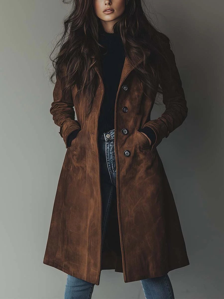 Damen Longline-Trenchcoat mit zweireihiger Knopfleiste und taillierter Silhouette