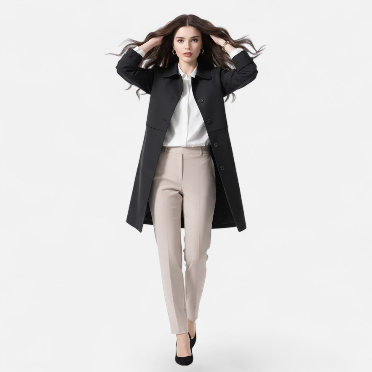 Damen Midi-Wollmix-Trenchcoat mit Doppelknopfleiste und strukturiertem Schnitt