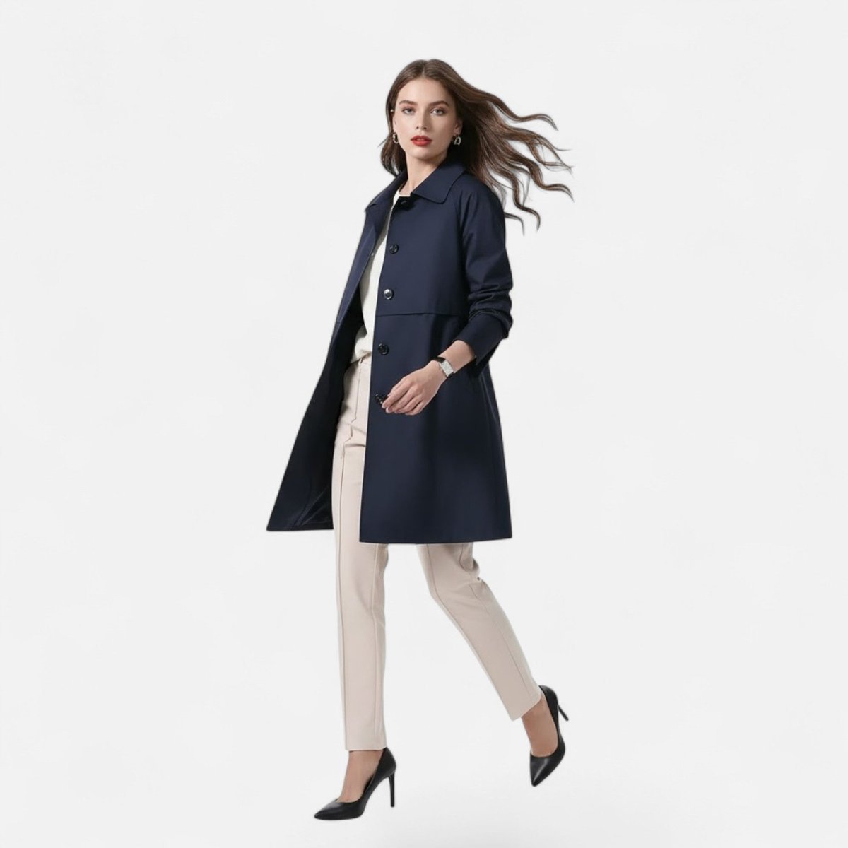 Damen Midi-Wollmix-Trenchcoat mit Doppelknopfleiste und strukturiertem Schnitt
