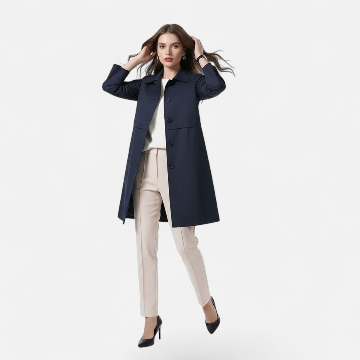 Damen Midi-Wollmix-Trenchcoat mit Doppelknopfleiste und strukturiertem Schnitt