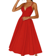 Damen Midi Spaghetti-Träger Hochzeitskleid für Hochzeitsgäste