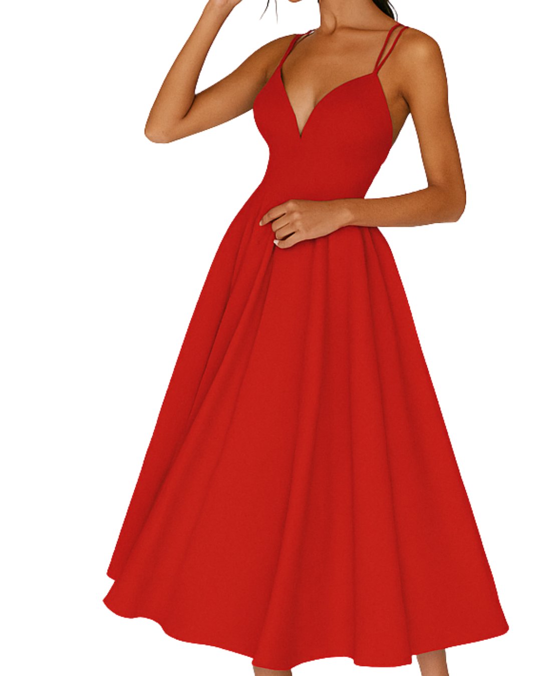 Damen Midi Spaghetti-Träger Hochzeitskleid für Hochzeitsgäste
