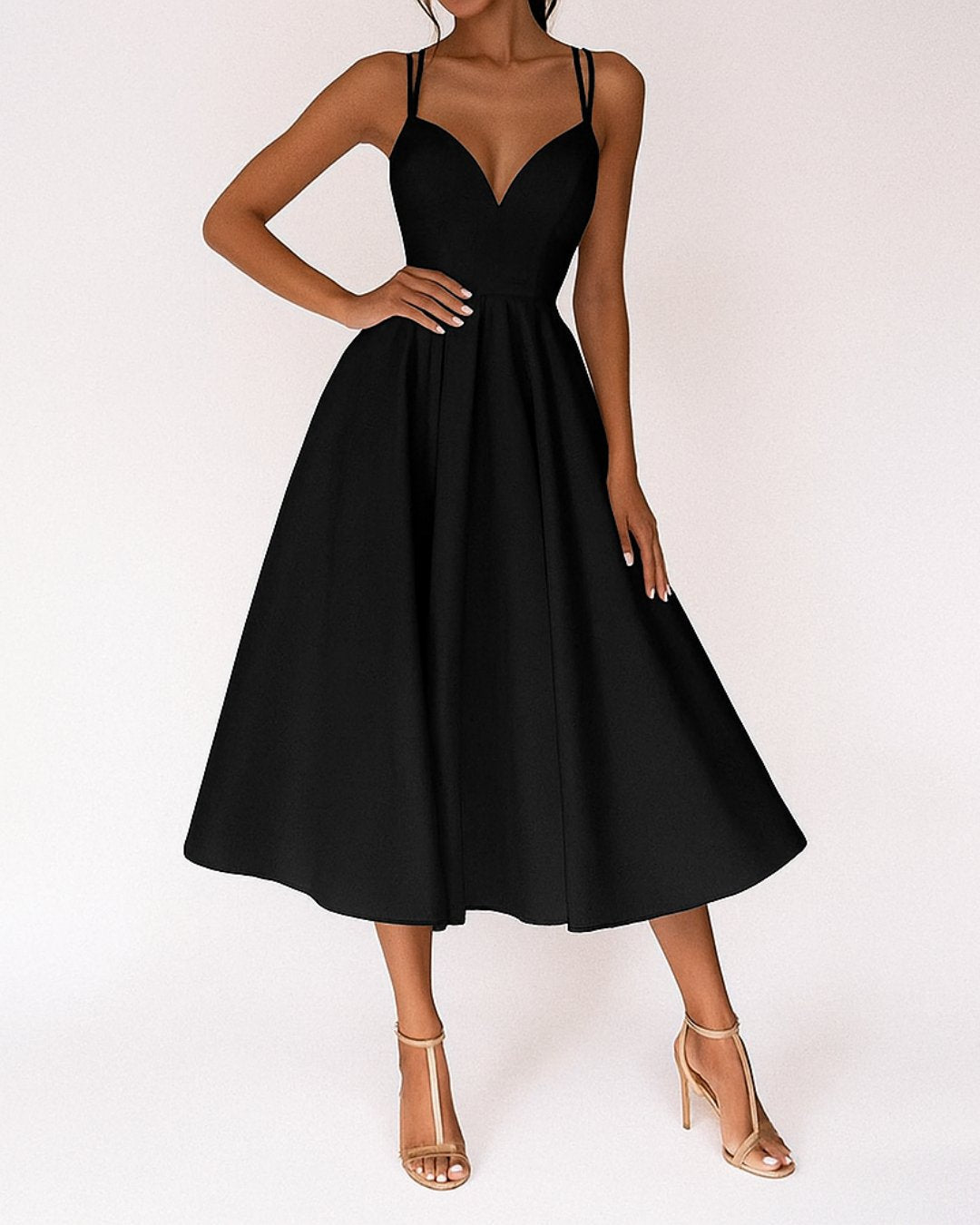 Damen Midi Spaghetti-Träger Hochzeitskleid für Hochzeitsgäste