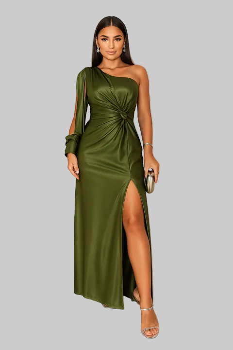 Damen One-Shoulder Abend Maxikleid Hochzeitskleid für Hochzeitsgäste mit fließenden Ärmeln