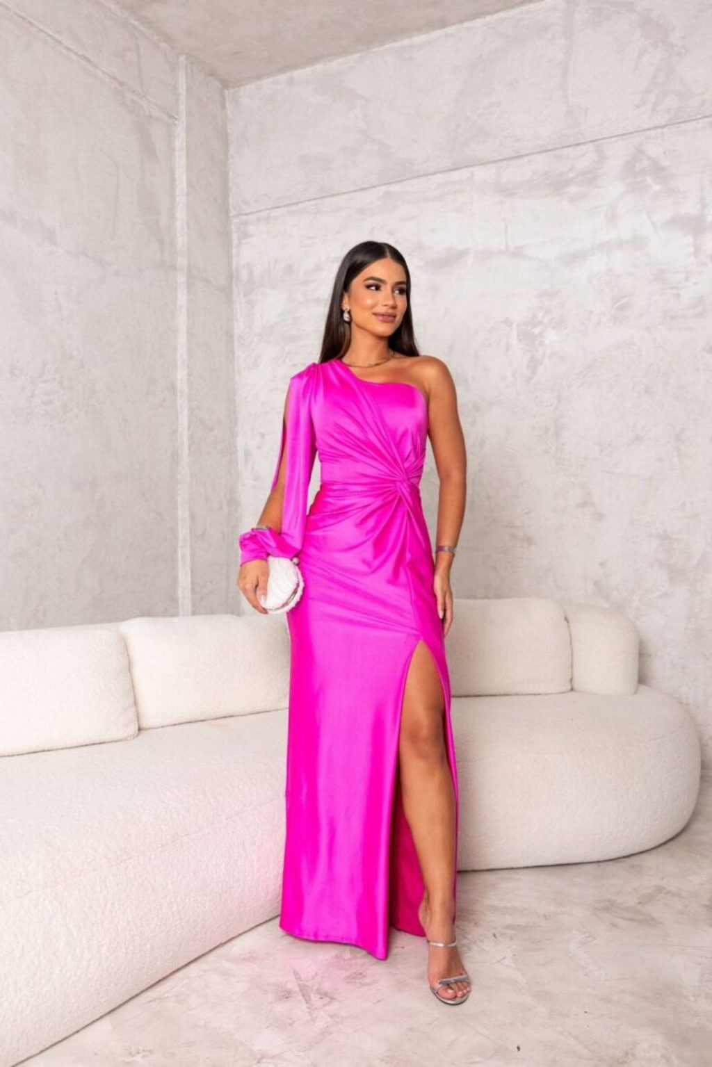 Damen One-Shoulder Abend Maxikleid Hochzeitskleid für Hochzeitsgäste mit fließenden Ärmeln