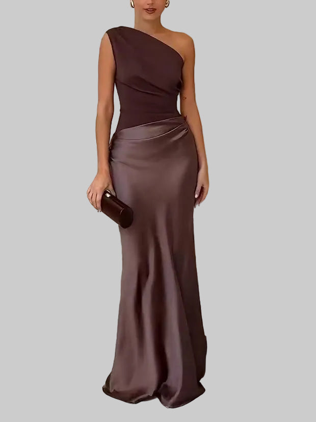 Damen One-Shoulder Plissee Maxikleid Hochzeitskleid für Hochzeitsgäste