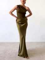 Damen One-Shoulder Plissee Maxikleid Hochzeitskleid für Hochzeitsgäste
