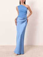 Damen One-Shoulder Plissee Maxikleid Hochzeitskleid für Hochzeitsgäste