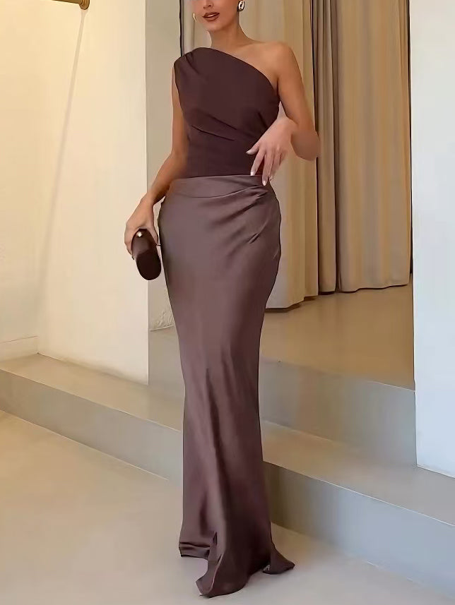 Damen One-Shoulder Plissee Maxikleid Hochzeitskleid für Hochzeitsgäste