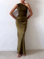 Damen One-Shoulder Plissee Maxikleid Hochzeitskleid für Hochzeitsgäste