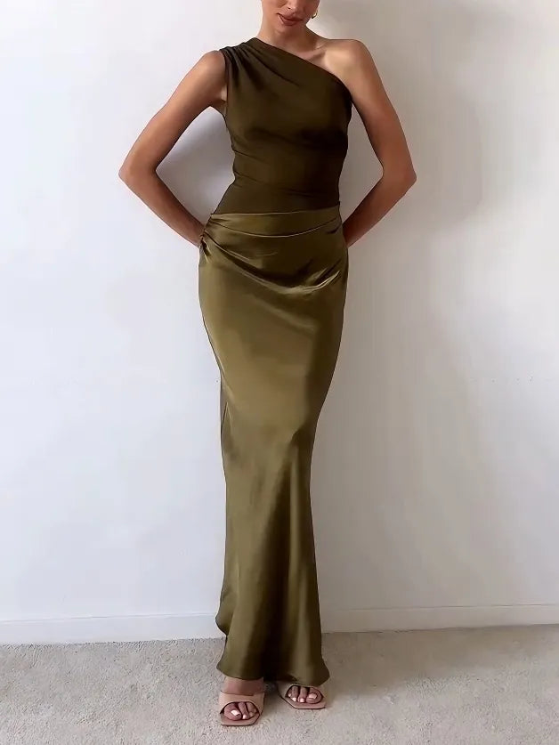 Damen One-Shoulder Plissee Maxikleid Hochzeitskleid für Hochzeitsgäste